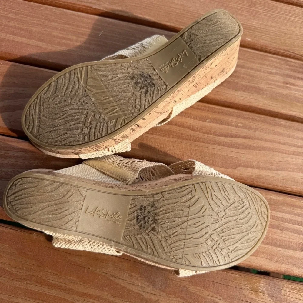 LifeStride Donna Womens Cream Crochet Cork Wedge Sandals Size 8M Soft System‎